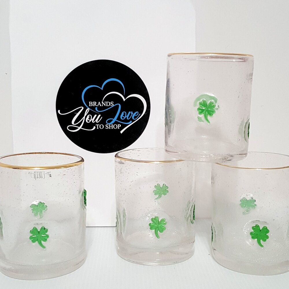 NEW RARE Pottery Barn Set of 4 Four Leaf Clover Icon Glasses St. Patrick's Day